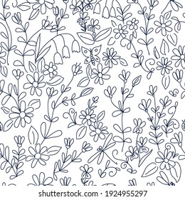 Botanical handwriting seamless pattern. Dark drawing on a white background.