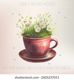 Botanical Harmony – A gentle watercolor vector illustration of a lush flower bouquet in a rustic clay pot, creating a cozy and elegant spring vibe