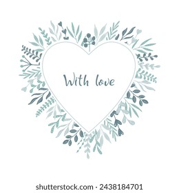 Botanical Heart shape frame isolated on white. Love symbol. Cute hand drawn twigs border for Spring Summer holiday. Birthday, anniversary, wedding card design Floral template
