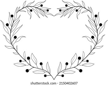 
Botanical heart shaped wreath drawn in flat doodle style. Leaves, herbs, branches, berries. Wedding heart silhouettes for postcards, printing on fabric and paper, design.