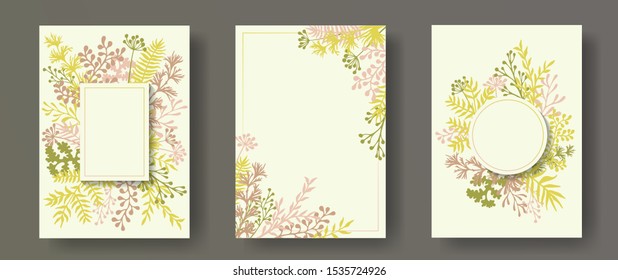 Botanical herb twigs, tree branches, flowers floral invitation cards templates. Herbal corners vintage invitation cards with dandelion flowers, fern, lichen, eucalyptus leaves, sage twigs.