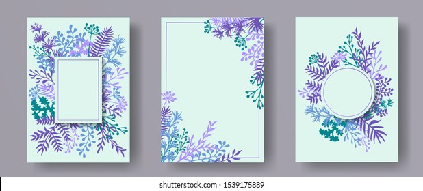 Botanical herb twigs, tree branches, leaves floral invitation cards templates. Herbal corners elegant invitation cards with dandelion flowers, fern, lichen, olive tree leaves, sage twigs.