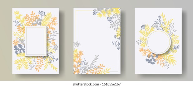 Botanical herb twigs, tree branches, flowers floral invitation cards set. Herbal frames natural cards design with dandelion flowers, fern, lichen, eucalyptus leaves, sage twigs.