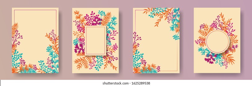 Botanical herb twigs, tree branches, flowers floral invitation cards collection. Herbal corners modern invitation cards with dandelion flowers, fern, mistletoe, eucalyptus leaves, sage twigs.