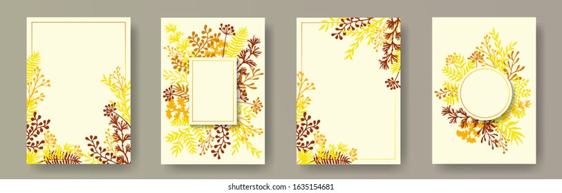 Botanical herb twigs, tree branches, leaves floral invitation cards collection. Plants borders natural cards design with dandelion flowers, fern, mistletoe, olive tree leaves, sage twigs.