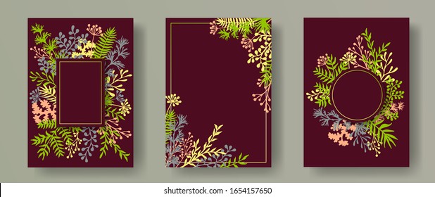 Botanical herb twigs, tree branches, leaves floral invitation cards set. Plants borders romantic cards design with dandelion flowers, fern, mistletoe, olive tree leaves, savory twigs.