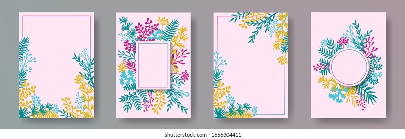 Botanical herb twigs, tree branches, flowers floral invitation cards templates. Herbal corners modern cards design with dandelion flowers, fern, mistletoe, olive branches, savory twigs.