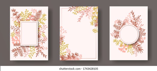 Botanical herb twigs, tree branches, leaves floral invitation cards collection. Herbal corners modern cards design with dandelion flowers, fern, lichen, olive tree leaves, sage twigs.