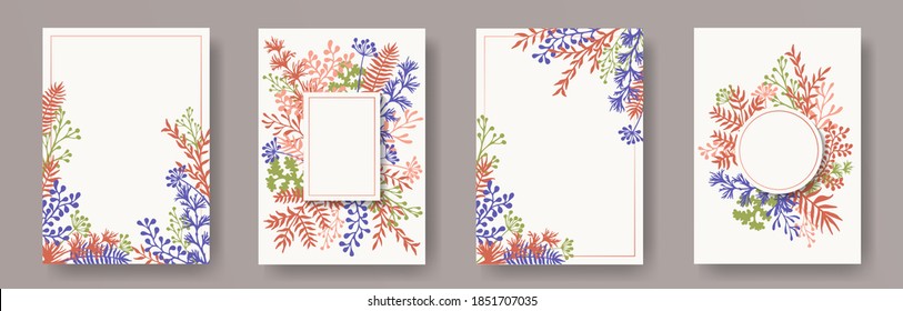 Botanical herb twigs, tree branches, leaves floral invitation cards collection. Herbal corners natural cards design with dandelion flowers, fern, lichen, eucalyptus leaves, savory twigs.