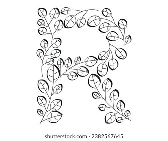 Botanical herbal decoration, doodle branch with leaves. Vector isolated black and white Latin alphabet Letter R.
