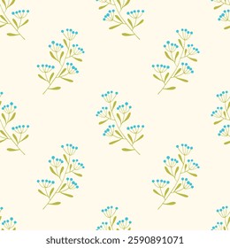 Botanical herbal pattern, twigs with blue berries on light background. Summer vibe, sunny meadow with herbs.
