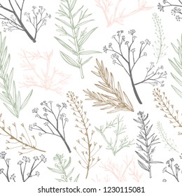 Botanical herbal seamless pattern. Healing field herb plants seamless background. Shepherds bag vector.