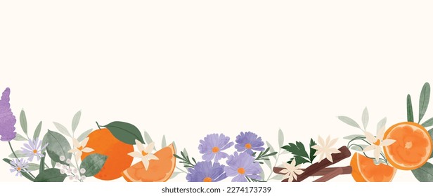 Vector de fondo de las acuarelas de hierbas botánicas. Lavanda aromática fresca, flores de margarita, naranja, canela. Diseño floral de jardín natural para tapicería, cubierta, publicidad, productos sanitarios, cosméticos.