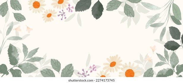 Botanical herbal watercolor background vector. Hand drawn fresh aromatic chamomile, daisy flowers. Natural floral leaf branch design for wallpaper, cover, advertising, healthcare product, cosmetics.