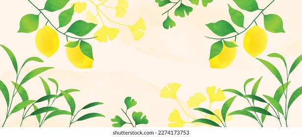 Botanical herbal watercolor background vector. Hand drawn aromatic fresh lemon and ginkgo leaf branch. Decorative garden foliage design for wallpaper, cover, advertising, healthcare product, cosmetic.