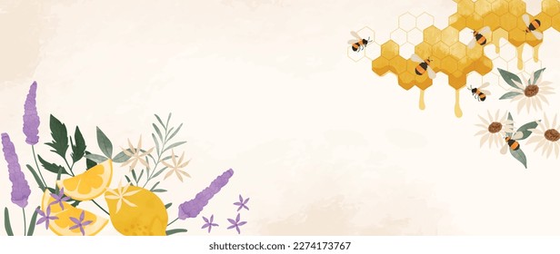 Vector de fondo de las acuarelas de hierbas botánicas. Lavanda aromática fresca, flores, panecillos, abejas, limón. Diseño floral de jardín natural para tapicería, cubierta, publicidad, productos sanitarios, cosméticos.