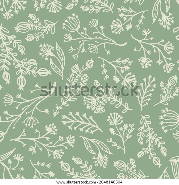 Botanical herbs seamless repeat pattern. Random placed, vector plants like grass, leaves, branches and weeds all over print on sage green background.