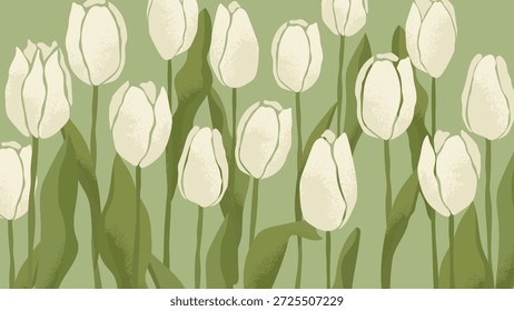 Fundo Botânico Horizontal com tulipas brancas floridas. Flores abstratas com texturas desenhadas à mão para o design de cartões-postais, convites, banners, parabéns pelo Dia da Mulher, Dia das Mães
