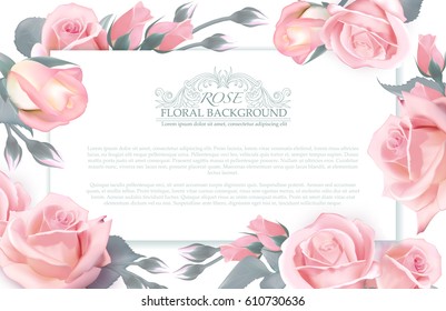 Botanical horizontal banner with roses. Vector concept for beauty salon, spa, health care, hand made soap. Design for greeting card, voucher or wedding invitation etc.