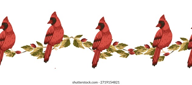 Frontera Horizontal botánica con baya roja y pájaro cardinal salvaje