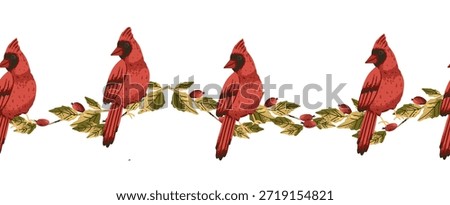 Botanical horizontal border with red berry and wild cardinal bird