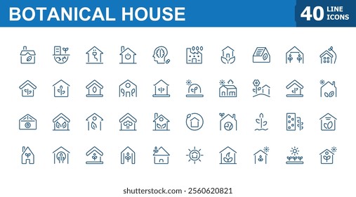 Botanical House line icons set. Icon water, energy, bulb, earth, environment, sustainable, technology, green. Minimalist symbol. Editable vector stroke.