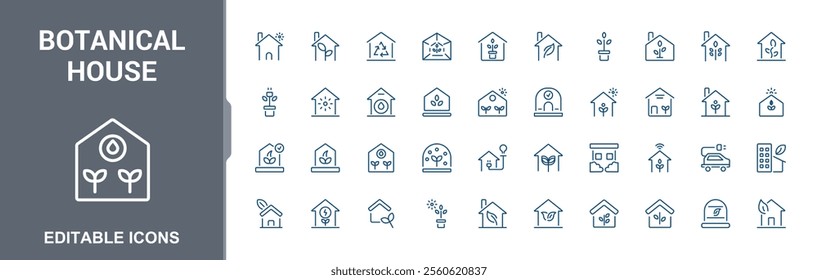 Botanical House line icons set. Icon water, energy, bulb, earth, environment, sustainable, technology, green. Minimalist symbol. Editable vector stroke.