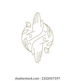 Botanische menschliche Hände in Kreis golden minimalistischen dekorativen Blütenrahmen Linie Symbol Vektorgrafik. Blumenarme entspannen Spa-Meditation spirituelle Frühlingszweige Blütenblätter Blätter organische Natur