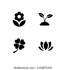 botanical icon. 4 botanical set with flower with leaves, four leaf clover, plant with leaves and lotus vector icons for web and mobile app