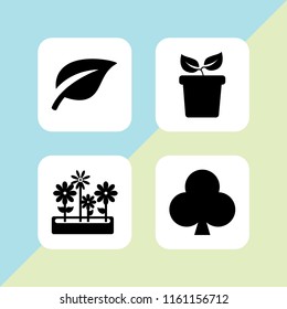 botanical icon. 4 botanical set with plant with two leaves on a pot side view, tree leaf, flowers pot of yard and clover vector icons for web and mobile app