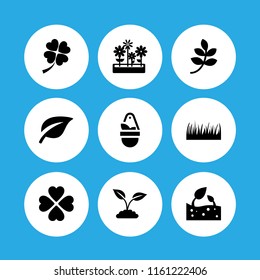 botanical icon. 9 botanical set with plant with leaves, four leaf clover, flowers pot of yard and branch with leaves black shape vector icons for web and mobile app