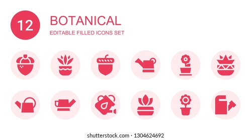 botanical icon set. Collection of 12 filled botanical icons included Acorn, Fern, Watering can, Flower pot, Botanical