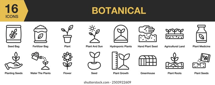 Botanical icon set. Includes flower, plant roots, plant seeds, fertilizer bag, plant growth, and More. Outline icons vector collection.