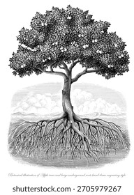 Botanical illustration of Apple trees and large underground roots hand draw engraving style