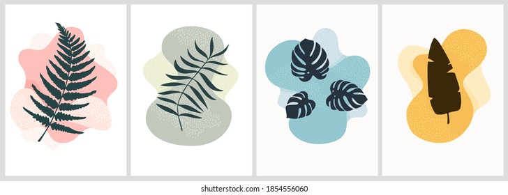 ilustración botánica de arte de la pared de diseño de póster vector. gráficos vectoriales de plantas tropicales con formas creativas minimalistas en el fondo. siluetas abstractas de plantas interiores