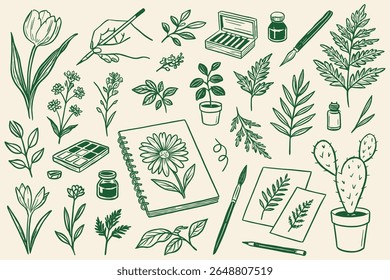 Botanical Illustration Artwork Artistic Supplies Sketchbook and Green Plant Elements Hand Drawn