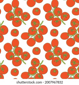 Botanical illustration with cherry tomatoes on a branch for printing on fabric, packaging, kitchen accessories, etc. A bright seamless pattern of red vegetables on a white background.