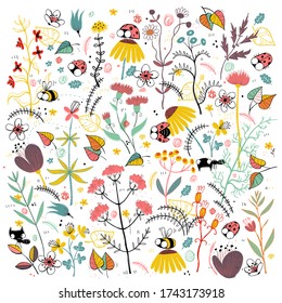 Botanical illustration collection with cute insects. Cartoon set with isolated objects. EPS10 vector file.