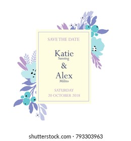 Botanical illustration for decorative cards. Wedding invitation. Floral frame. Hand drawn blue colors flowers.