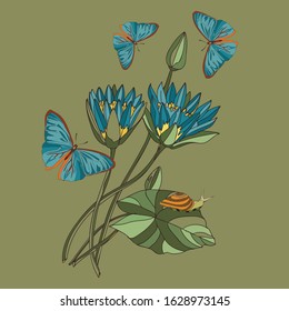 Botanical illustration with elements of the Lotus plant, snails and butterflies