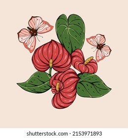 botanical illustration of elements of a plant with red flowers and butterflies