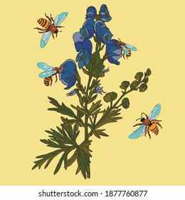 Botanical illustration with elements of plants with blue flowers and bumblebees