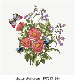 botanical illustration with elements of rose hips, flowers and leaves, butterflies and bees