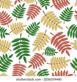 Botanical illustration: fallen colored leaves of mountain ash. Autumn seamless pattern. A vector image in the doodle style.