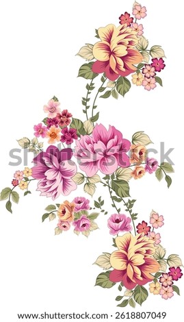 “Charming botanical illustration featuring vibrant flowers and delicate foliage on a bright white canvas.”