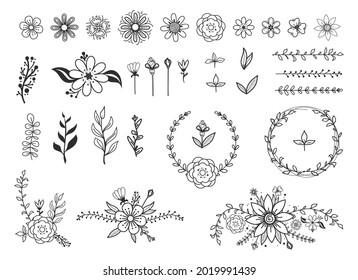 Botanical illustration, flower doodles set