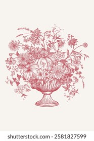 Botanical illustration. Flowerpot with a lush composition of pumpkins, flowers, berries and herbs. Harvest festival. Engraving style. Red