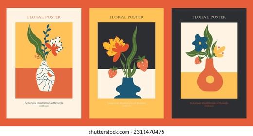 Botanical illustration of flowers. Posters with vases and flowers. Flowers in a vase. Abstract flowers in vases. Floral background. Floral poster.