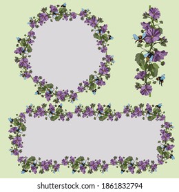 Botanical illustration of a frame with elements of the plant, the bindweed and bumblebees