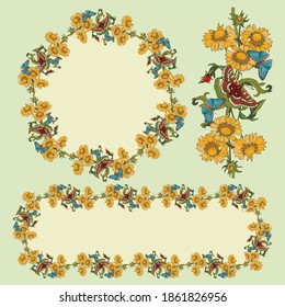 Botanical illustration frames with elements of plants with yellow flowers and butterflies